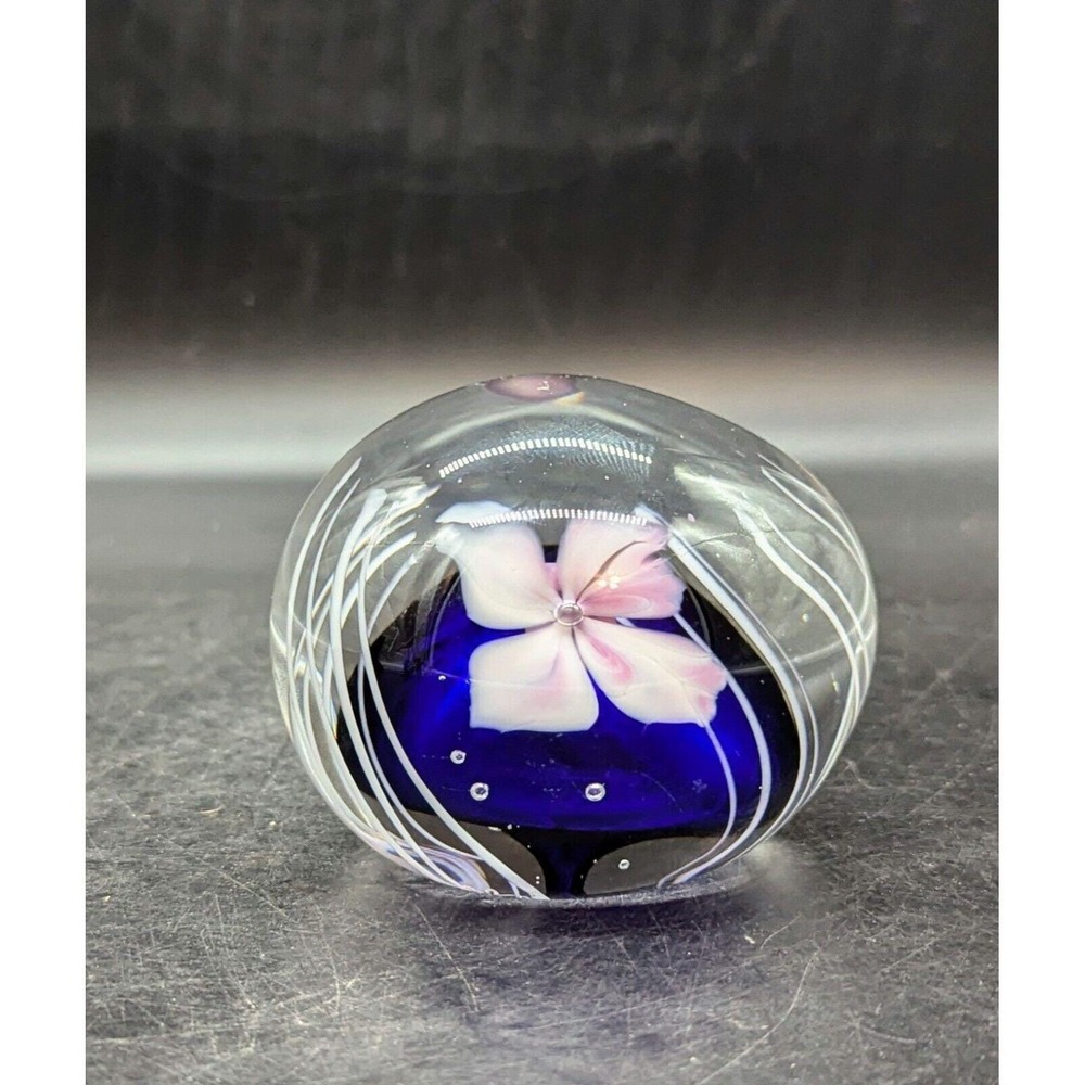 Vintage Jodi Bove Art Glass Floral Blue Cased Paperweight 4" Signed Flower